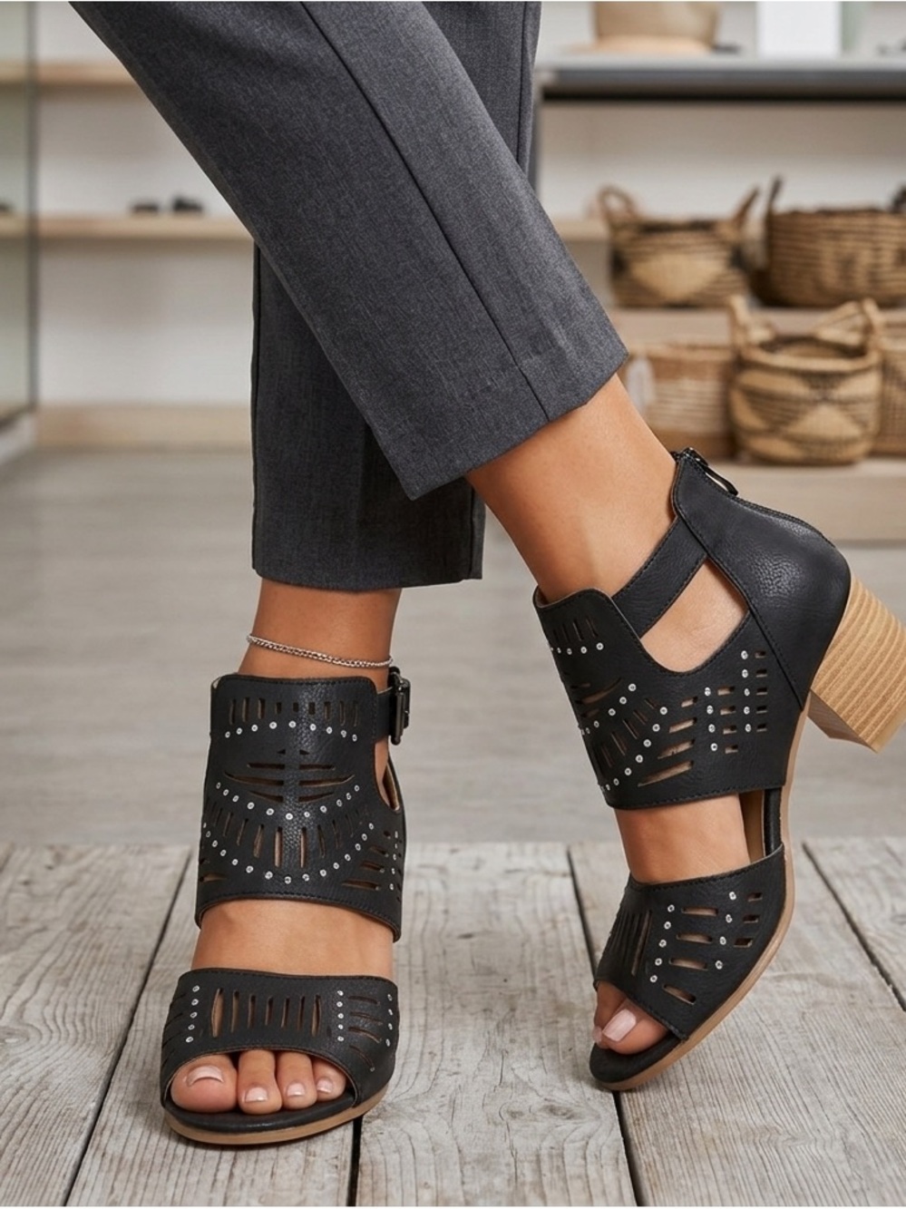 Black Studded Block Heel Laser Cut Sandals. Size 40